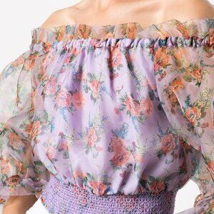 NWOT Alice+Olivia off Shoulder Smocked Lavender Silk Organza Floral Top L $395